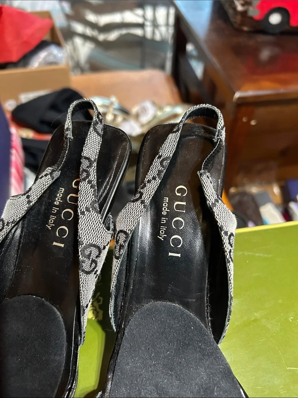 Gucci Black Monogram Patent Leather Heel Sandals